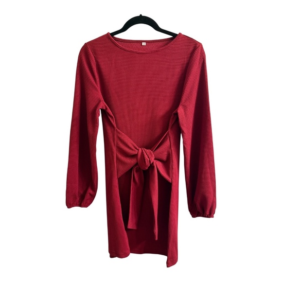 Women’s Elegant Lantern Long Sleeve Crewneck Tie Waist Dress - Picture 2 of 5